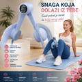 A woman sits on a light blue abdominal exercise machine in a bright indoor setting, with promotional text in Croatian and feature callouts on the left. The product is a seated core trainer with a digital display, shown alongside a model demonstrating use.