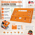 An orange metal circular saw guide plate for a circular saw, shown on a white background with promotional text, product accessories, and a Tim Shop logo. The image is in Serbian and highlights features and included parts.