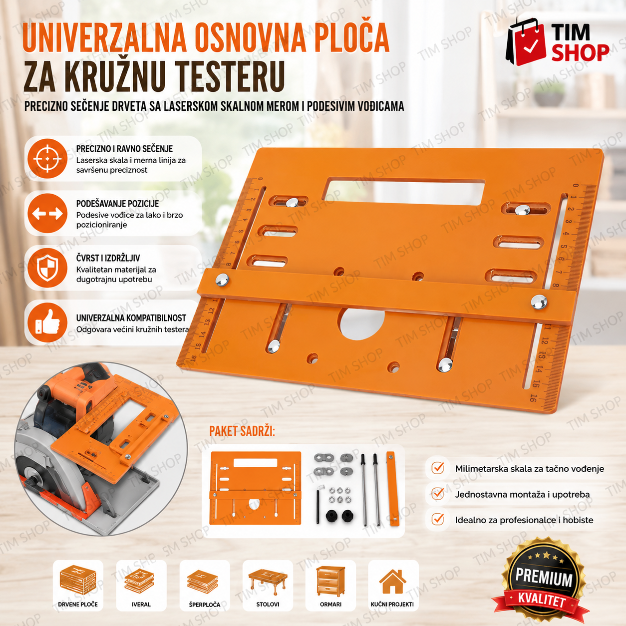 An orange metal circular saw guide plate for a circular saw, shown on a white background with promotional text, product accessories, and a Tim Shop logo. The image is in Serbian and highlights features and included parts.