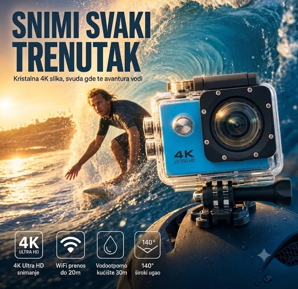 Akciona Kamera 4K Ultra HD sa WiFi – Vodootporna Sportska Kamera za Bicikl, Motor i Ronjenje