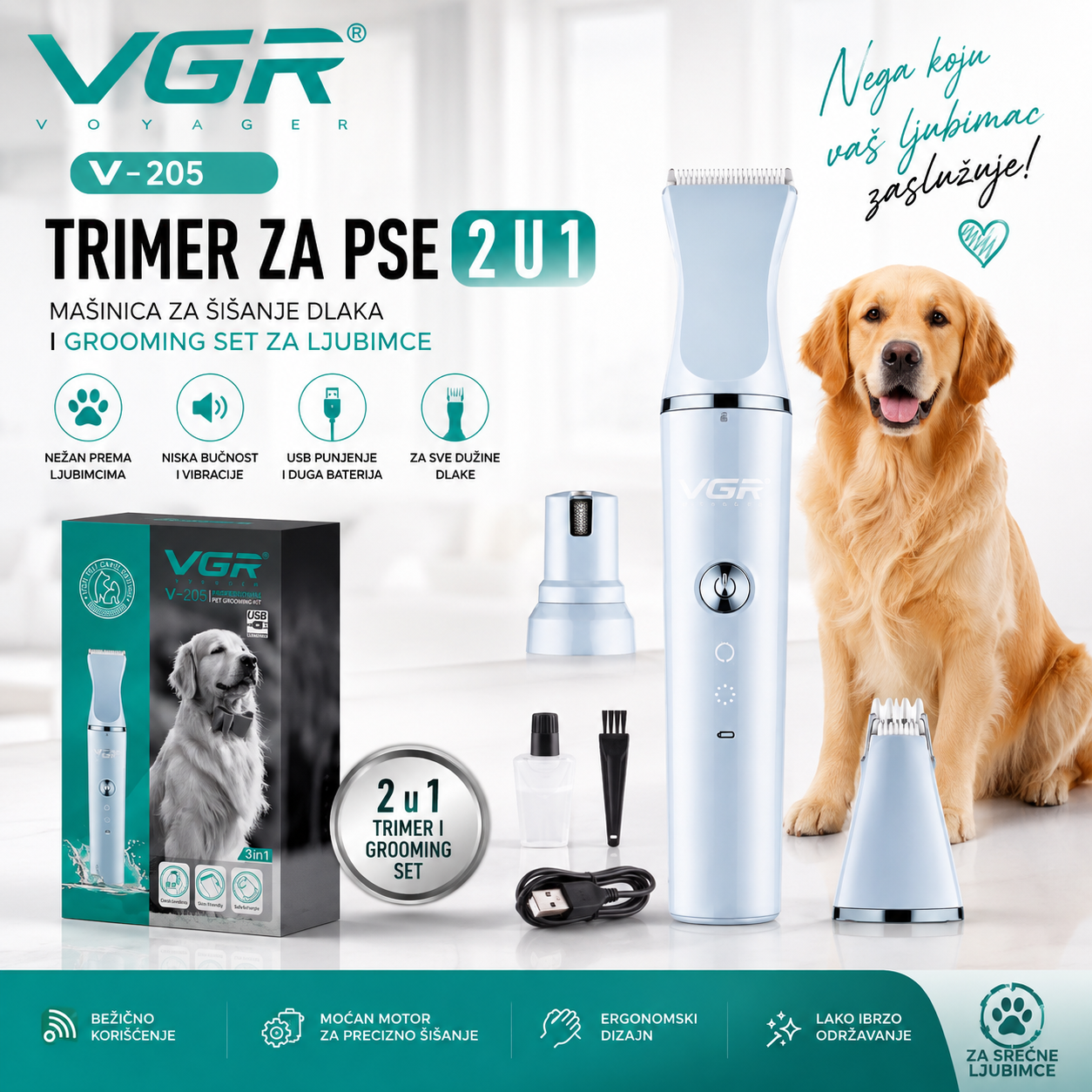 VGR V-205 Trimer za Pse 2 u 1 – Mašinica za Šišanje Dlaka i Grooming Set za Ljubimce