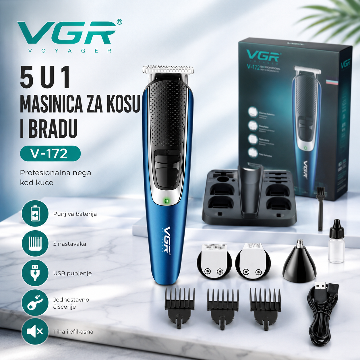 VGR V-172 5u1 Mašinica za Šišanje i Brijanje – Profesionalni Trimer za Kosu, Bradu, Telo, Nos i Uši
