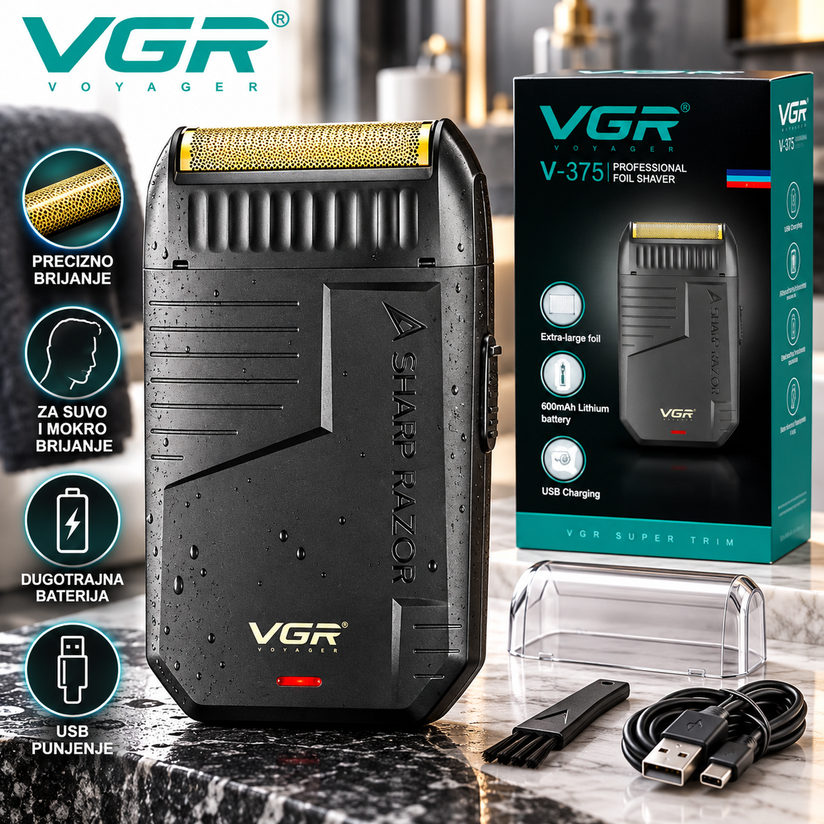 VGR Voyager V-375 Professional Foot Shaver shown with its retail box, USB cable, and stand on a kitchen countertop. The foot shaver is black with a gold-toned mesh head and water droplets on its surface.