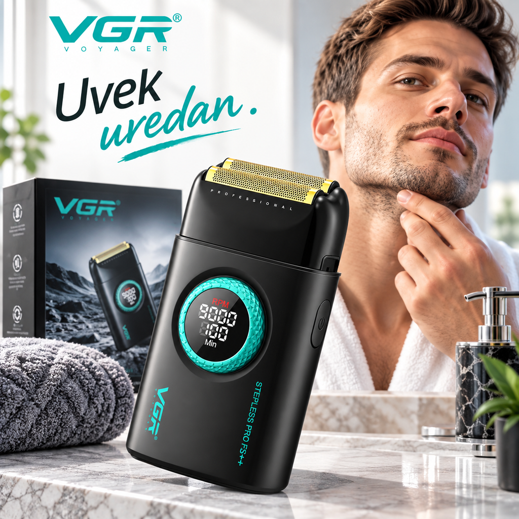 VGR V-377 Profesionalni Električni Brijač – Shaver sa Duplim Folijama, 9000 RPM i LED Ekranom