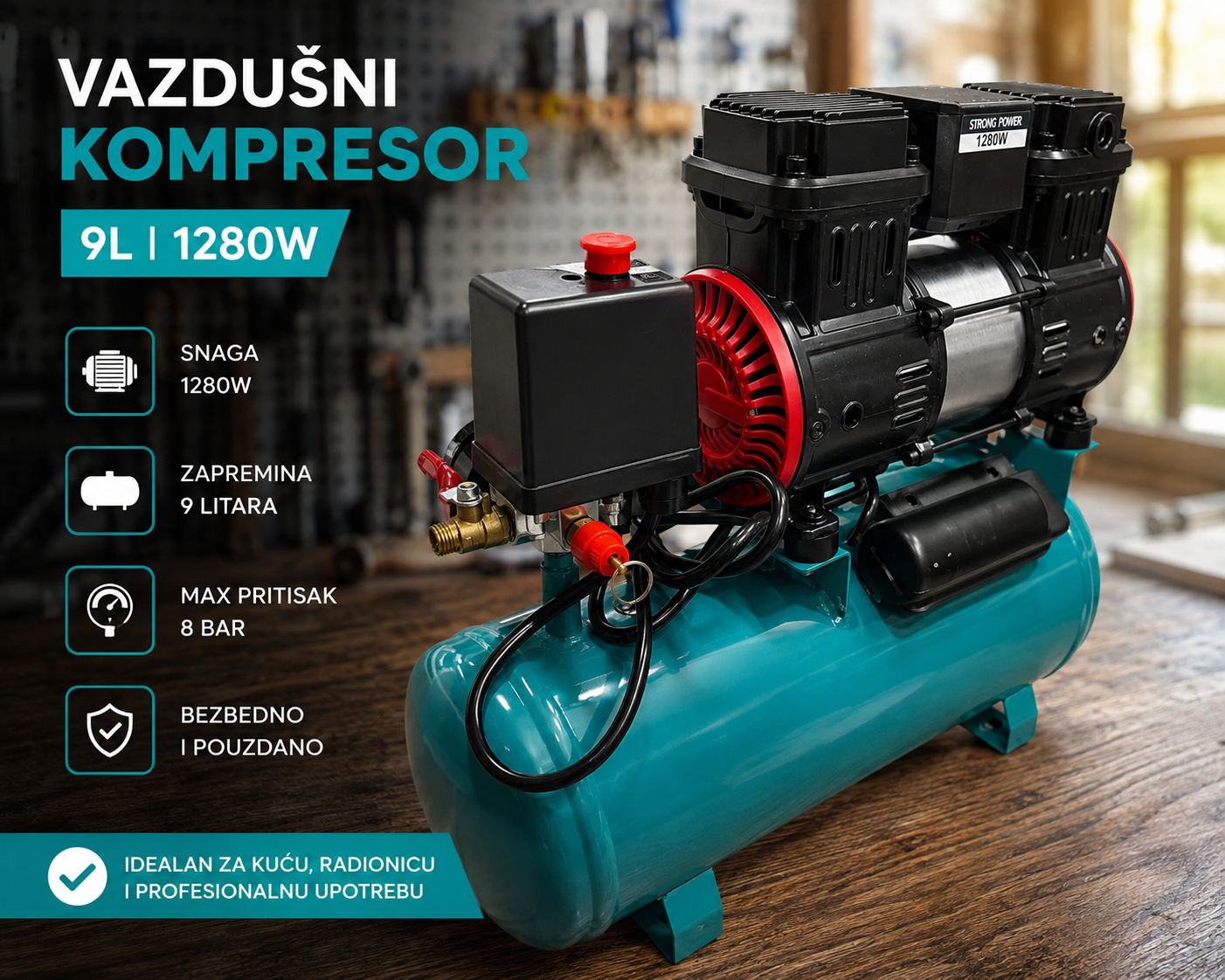 Vazdušni Kompresor 9L 1280W – Tihi Bezuljni Kompresor za Farbanje, Duvanje Guma i Pneumatski Alat