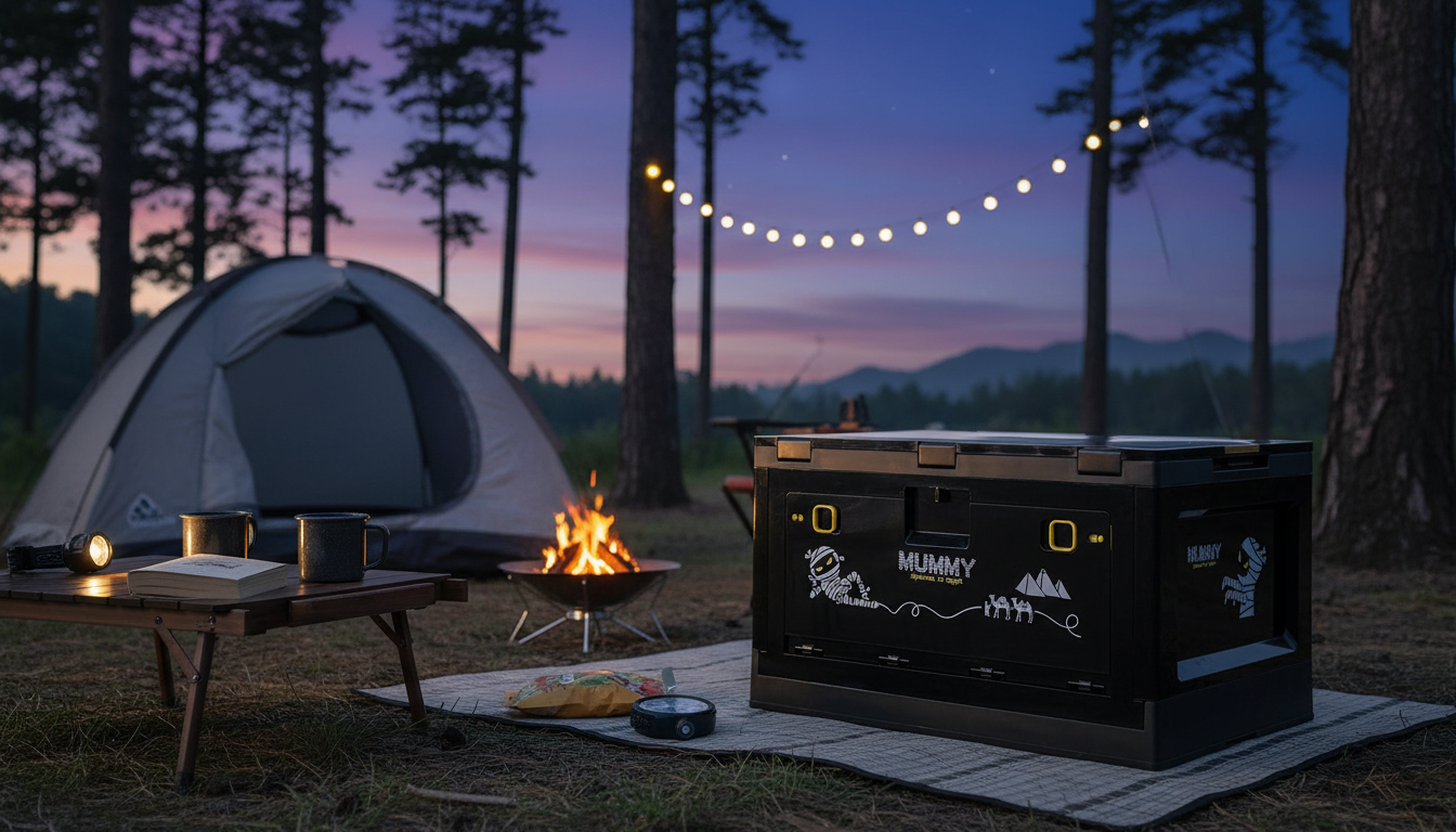 Sklopiva Plastična Kutija 50x31x14 cm sa Drvenim Poklopcem – Multifunkcionalni Organizer za Kampovanje, Auto i Dom