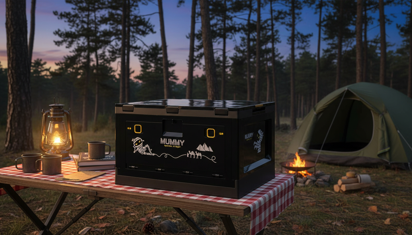 Sklopiva Plastična Kutija 50x31x14 cm sa Drvenim Poklopcem – Multifunkcionalni Organizer za Kampovanje, Auto i Dom