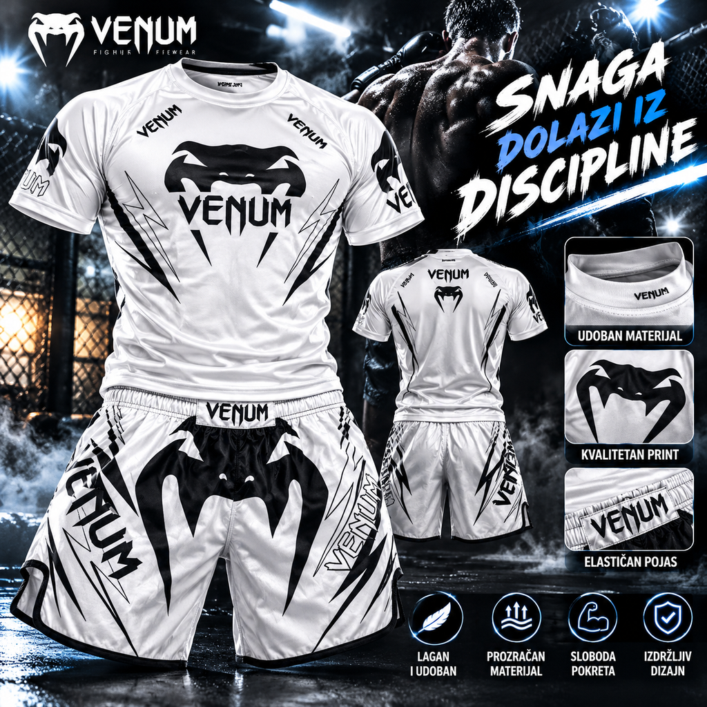 White and black Venum fight apparel set featuring a short-sleeve rash guard and matching shorts, shown from front and back views with promotional text and feature callouts on a dark dramatic background.
