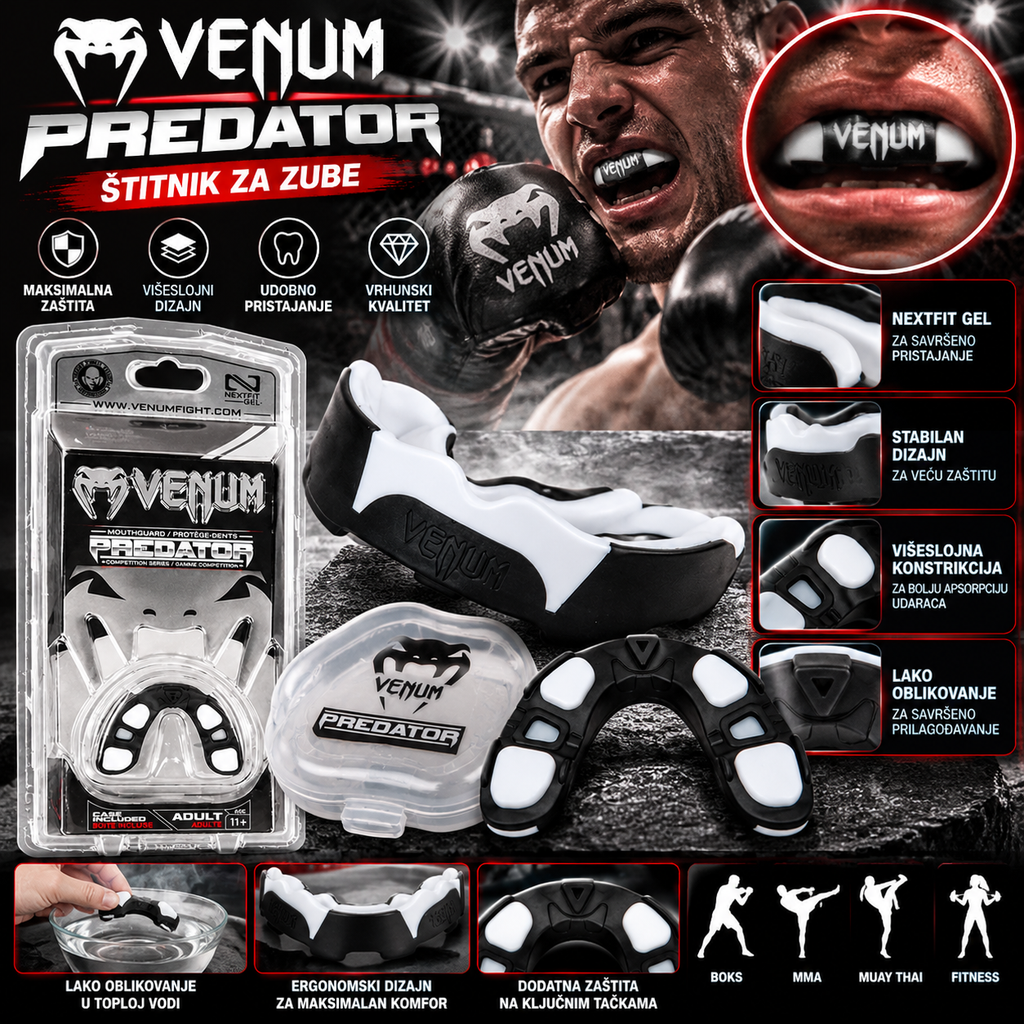 Venum Predator dental guard set featuring a black and white mouthguard, a packaged stainless steel guard, and informational graphics showing use and benefits, with a close-up of a mouth wearing the Venum teeth guard.