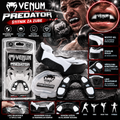 Venum Predator dental guard set featuring a black and white mouthguard, a packaged stainless steel guard, and informational graphics showing use and benefits, with a close-up of a mouth wearing the Venum teeth guard.