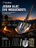 Tim Shop promotional graphic for a tactical folding shovel set, featuring a large silver shovel on a rocky outdoor background at dusk, with campfire imagery, feature icons, and smaller accessory thumbnails including a knife, rod, and camouflage pouch.