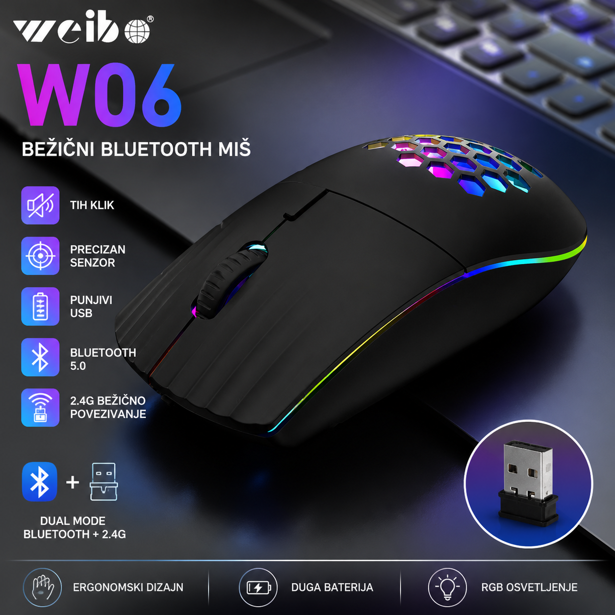 Weibo W06 Bluetooth Miš Bežični USB Punjivi – Dugotrajna Baterija, Idealan za Laptop i PC