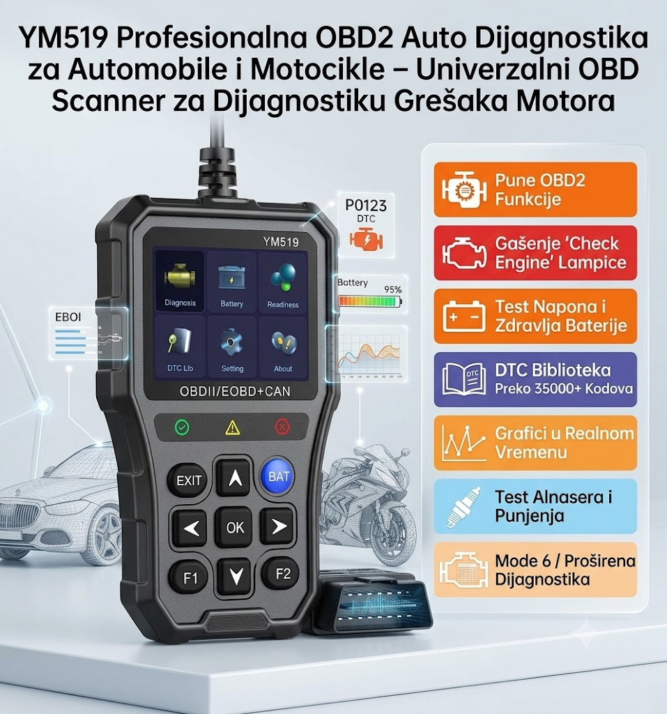 YM519 Univerzalni OBD2 Scanner za Automobile i Motore – Auto Dijagnostika sa Brzim Očitavanjem Grešaka