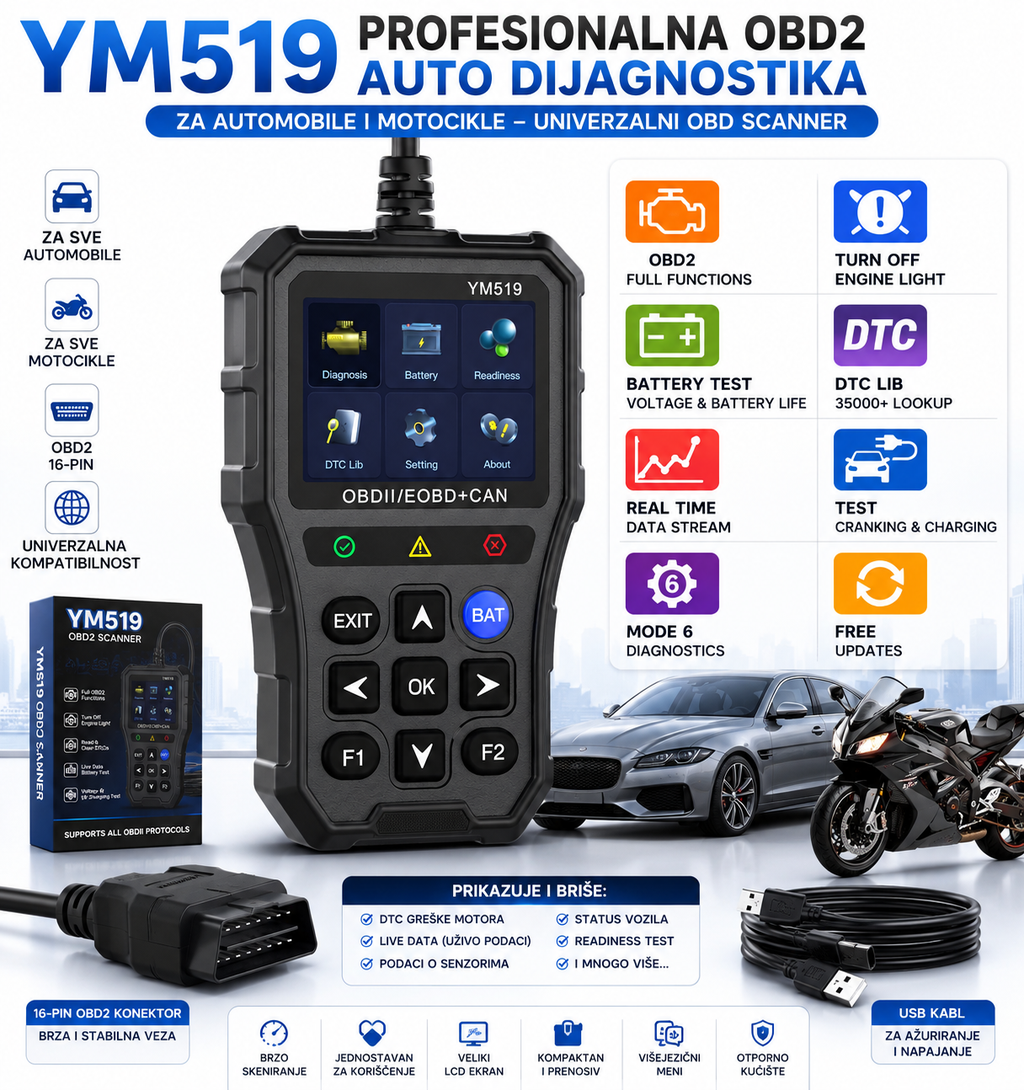YM519 Univerzalni OBD2 Scanner za Automobile i Motore – Auto Dijagnostika sa Brzim Očitavanjem Grešaka