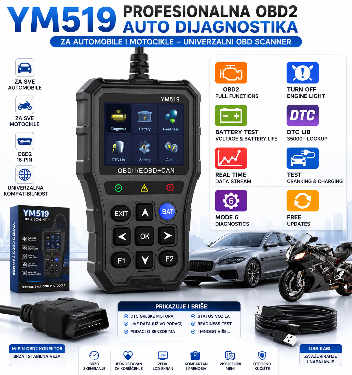 YM519 Univerzalni OBD2 Scanner za Automobile i Motore – Auto Dijagnostika sa Brzim Očitavanjem Grešaka