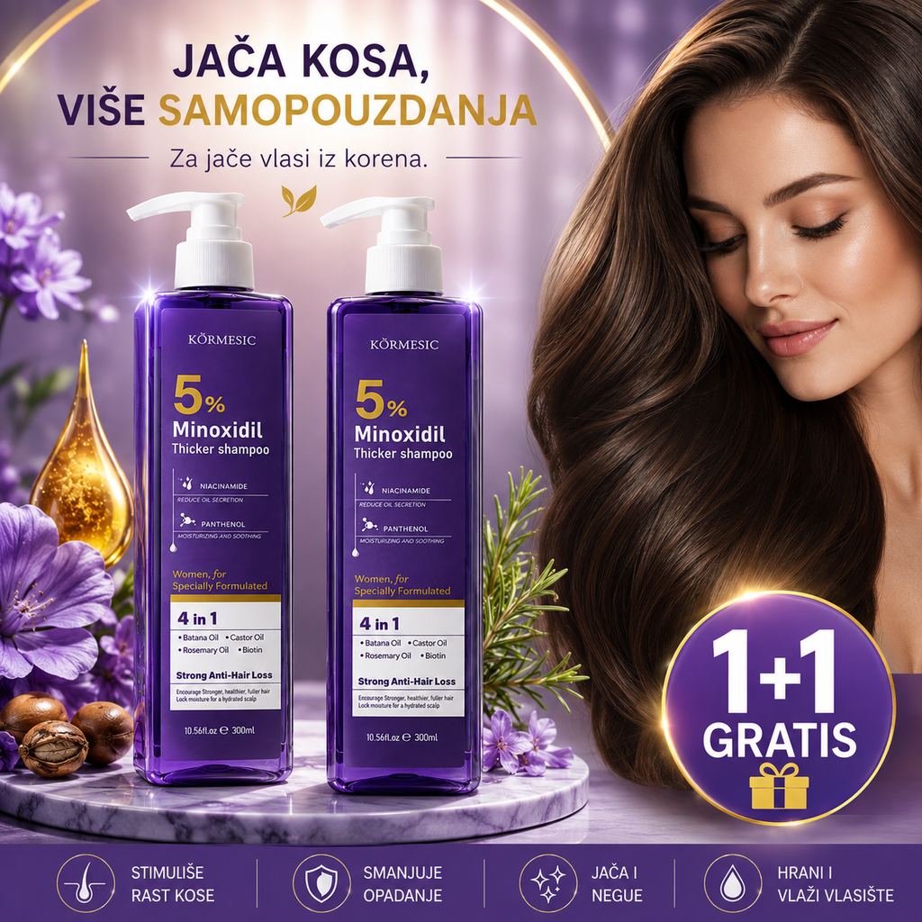 Šampon protiv opadanja kose sa 5% Minoksidila – Šampon za Negu i Jačanje Kose | 1+1 GRATIS