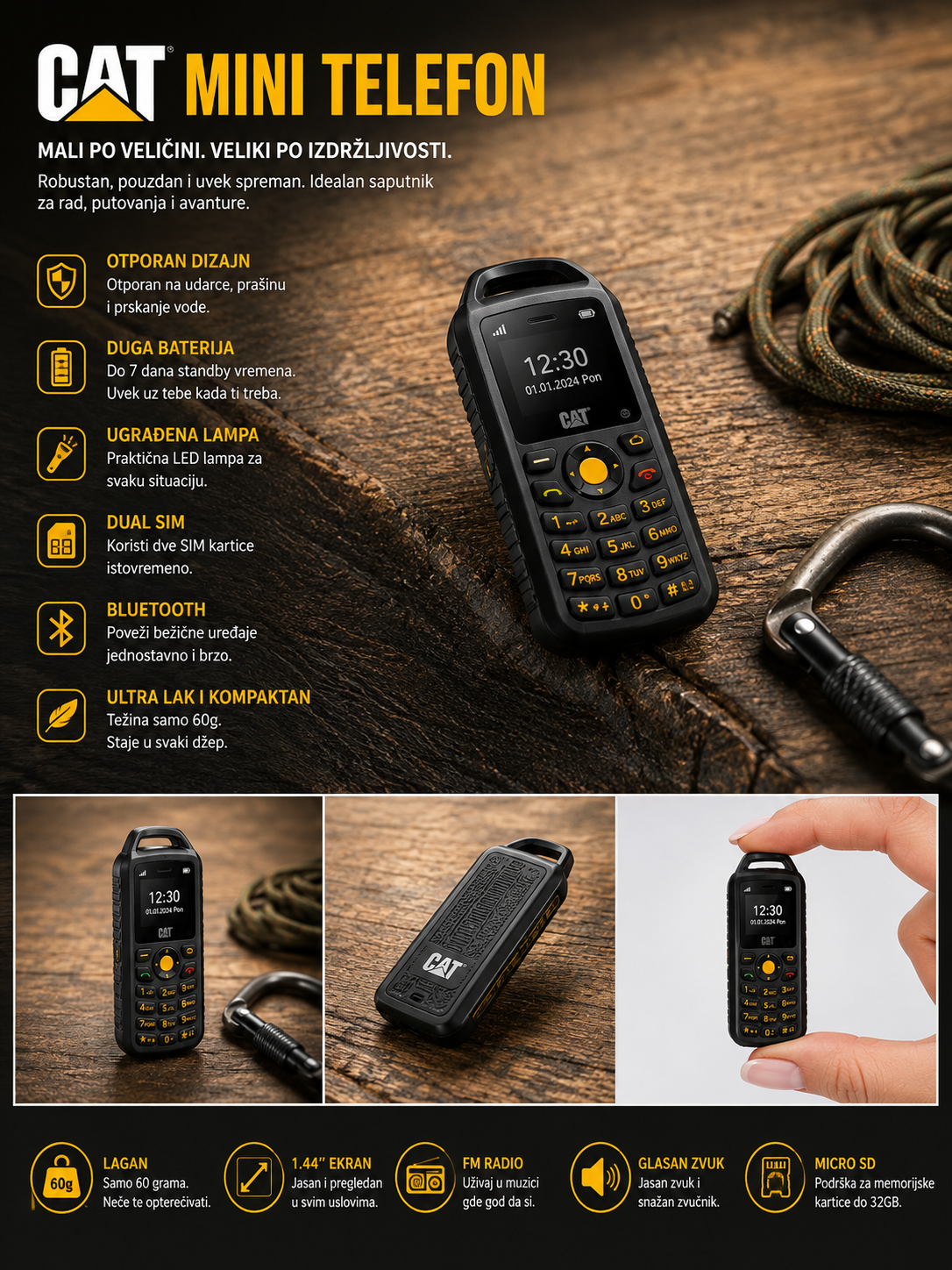 Mini Telefon CAT B25 Dual SIM – Kompaktan Mobilni Telefon sa 2 SIM Kartice, Izdržljivim Kućištem i Jakom Baterijom