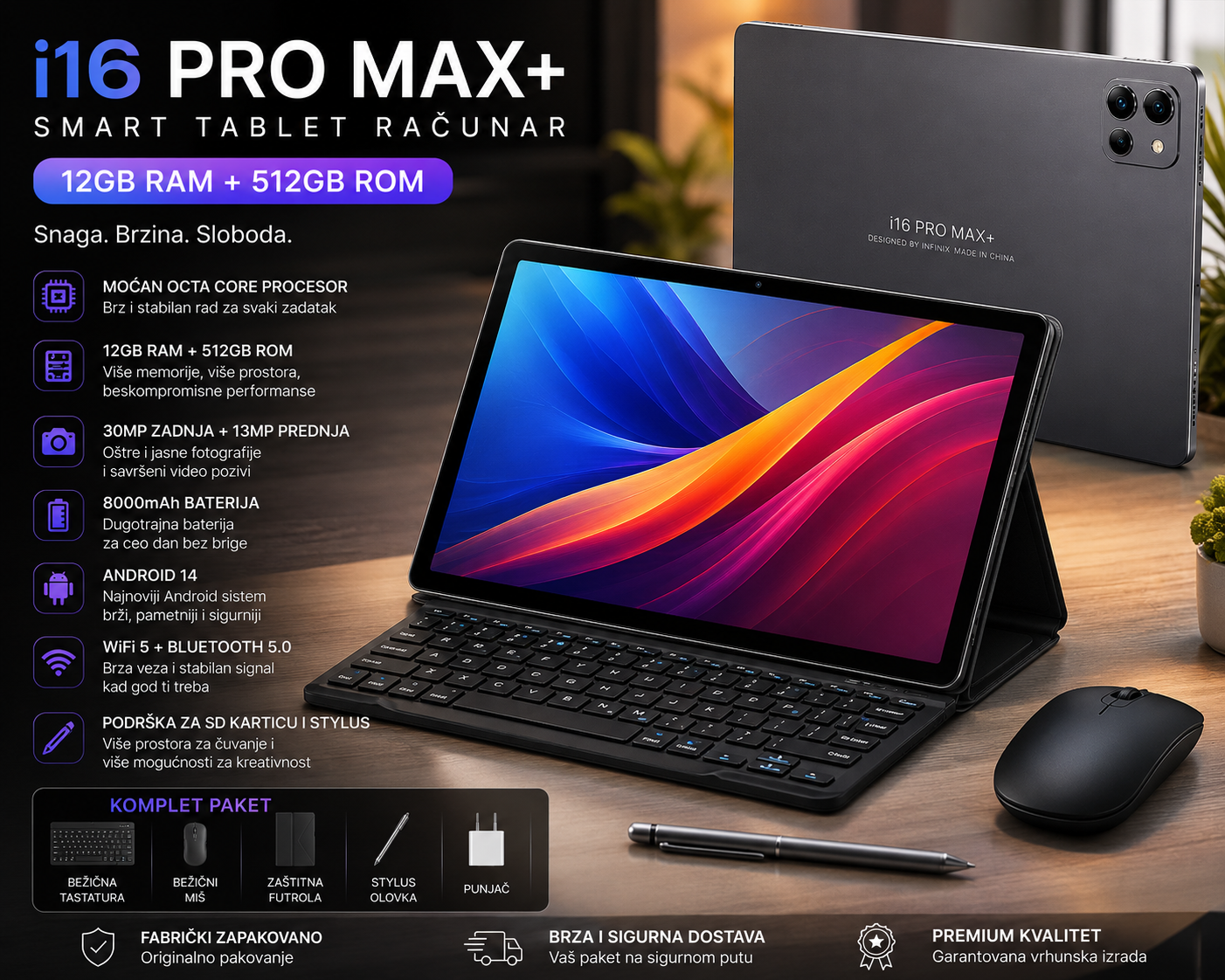 i16 Pro Max+ 5G Smart Tablet 12GB RAM + 512GB Memorije – Android 15, Veliki HD Ekran, Tastatura i Miš