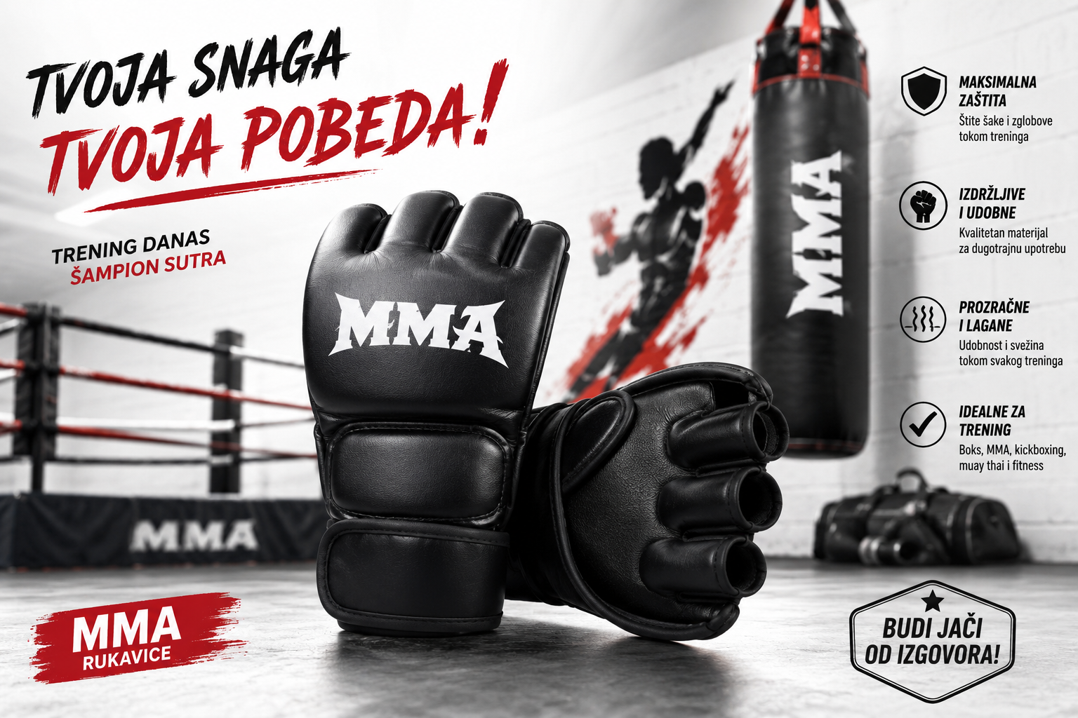 MMA Trening Rukavice za Kik Boks i Džak – Poluprstne Rukavice za Sparing i Vežbanje