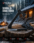 A black tactical axe with a matching sheath and knife displayed on a snowy tree stump in front of a rustic cabin and winter forest. Promotional text in Serbian reads 'SEKIRA ZA SVAKI TEREN' with 'Tim Shop' branding at the top.