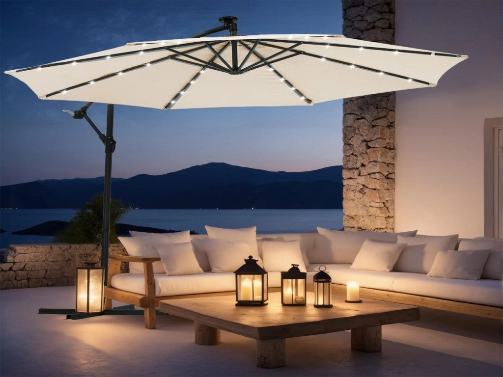 Veliki Suncobran sa LED Rasvetom i Bočnim Nagibom – UV Zaštita + Solarno Punjenje