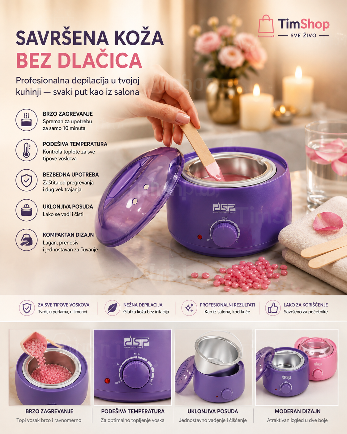 Topilica za Vosak i Parafin – Električni Aparat za Depilaciju sa Podešavanjem Temperature za Brzo Topljenje
