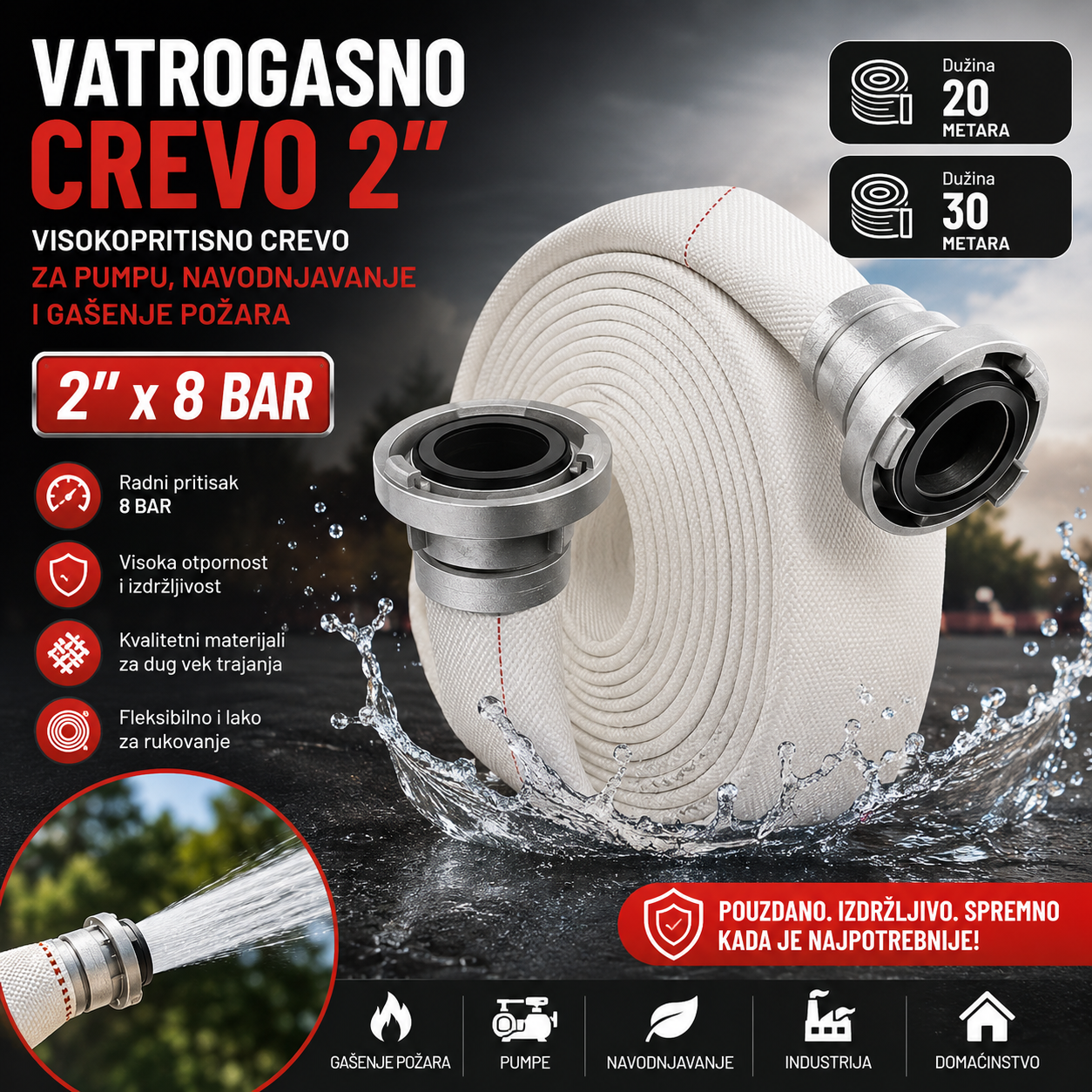 Vatrogasno Crevo 2" – Izdržljivo Crevo za Pumpe, Navodnjavanje i Protivpožarne Sisteme Vatrogasno Crevo 2 Cola – Fleksibilno Visokopritisno Crevo za Vodu